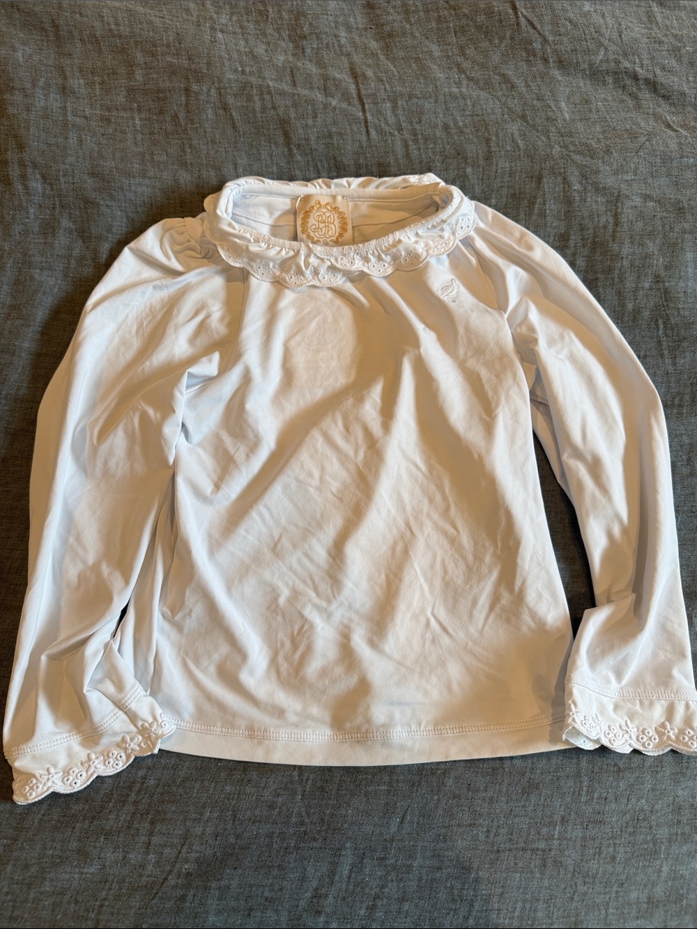 Girls' White Long-Sleeve Top with Scalloped Lace Collar